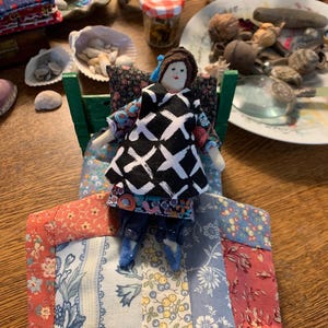 Handmade Wooden Tiny lady Bed with Linens and Marcella Doll