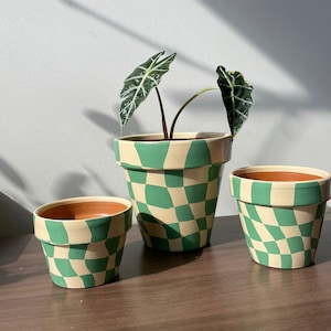 Wavy checkered handpainted terracotta pot