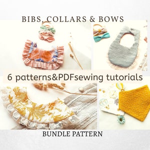 May include: A set of six patterns and PDF sewing tutorials for making bibs, collars, and bows. The patterns feature a variety of floral and geometric designs in pink, yellow, blue, and white.