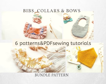 6 PATTERN BUNDLE, 3style of baby bib, 1 vintage collar, Classic Bow Pattern, Knotty Simple Hair Bow,baby sewing patterns,pdf sewing patterns