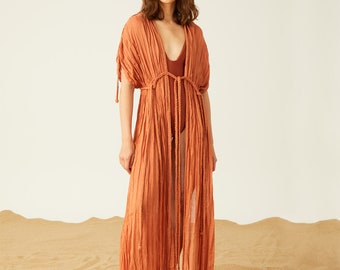 Handmade Boho Beach Cover-Up: Wrinkled Turkish Fabric Kimono Robe