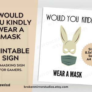 Wear a Mask Printable Sign | Would You Kindly Wear A Mask | Masks Required Signage | Instant Download Sign | Covid-19 Sign | Mask Poster