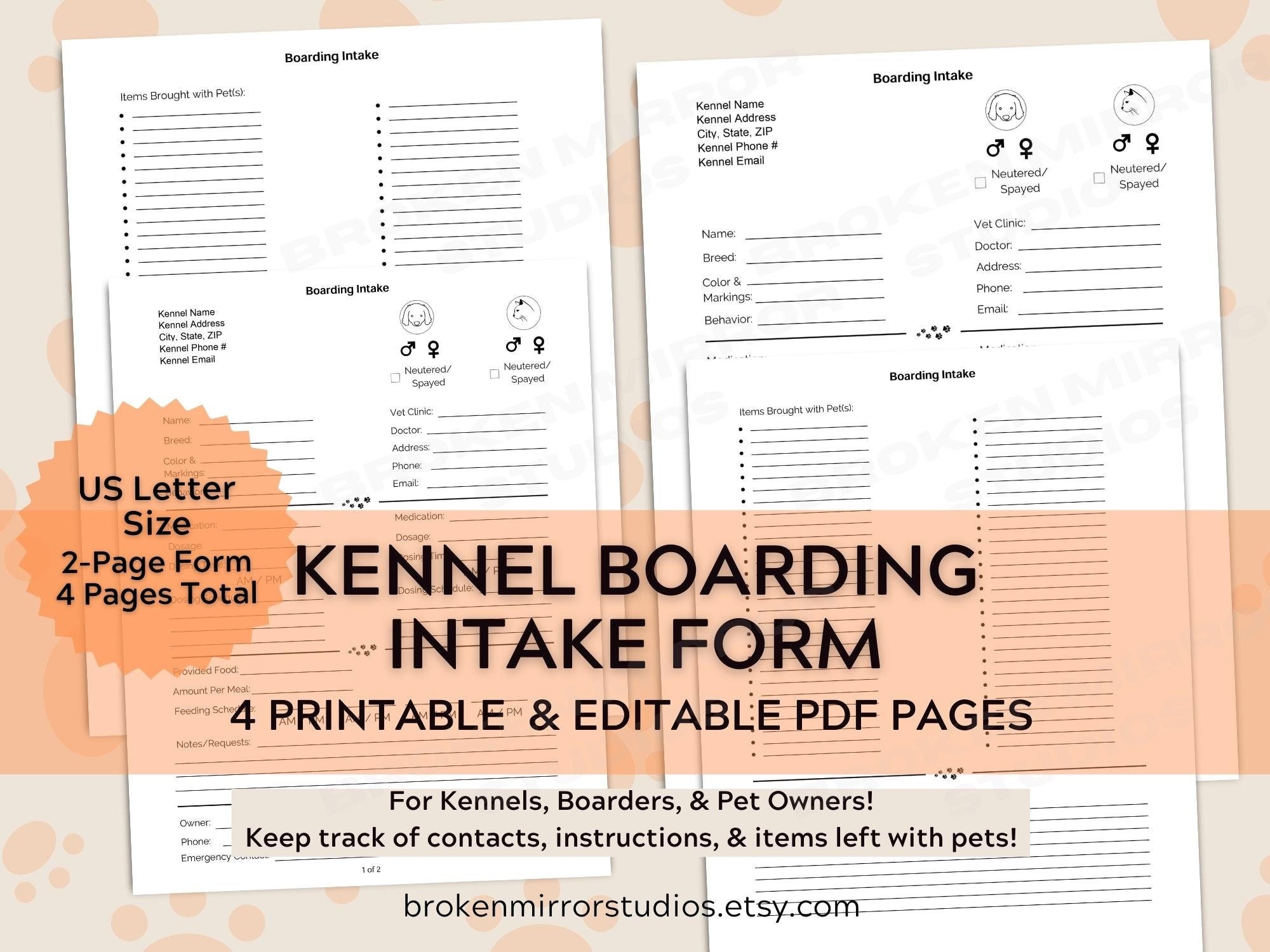 Kennel Boarding Intake Form Pet Boarding Intake Form Pet - Etsy