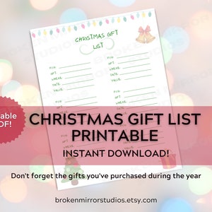Christmas Gift List Printable | Christmas Wish List | Holiday List | Christmas List | Shopping List | Christmas Checklist |Christmas Planner
