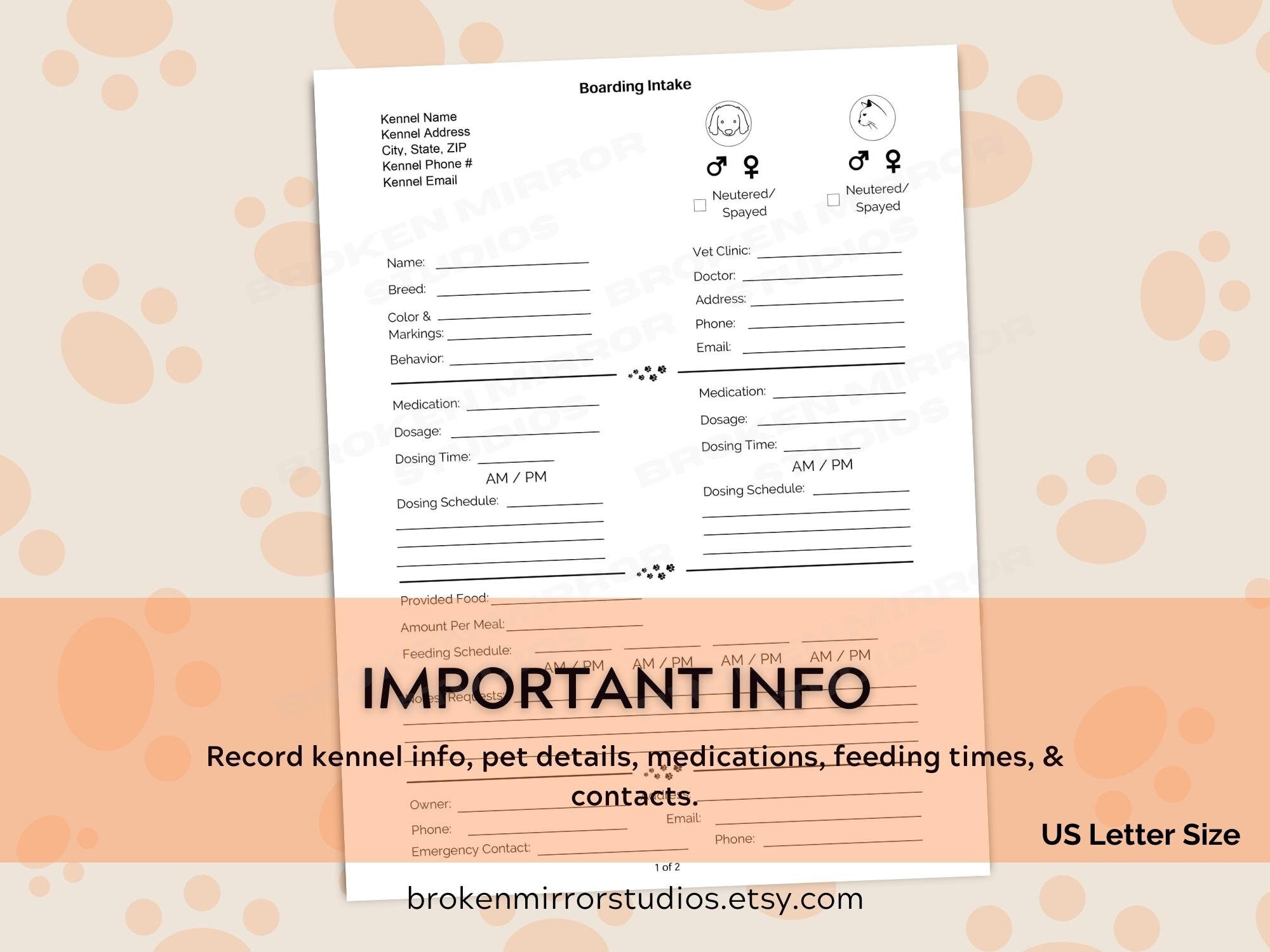 Kennel Boarding Intake Form Pet Boarding Intake Form Pet - Etsy