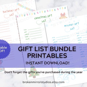 Printables Bundle | Birthday Christmas Holiday Gift Lists | Birthday List | Christmas List | Holiday List | Shopping List | Gift Checklists