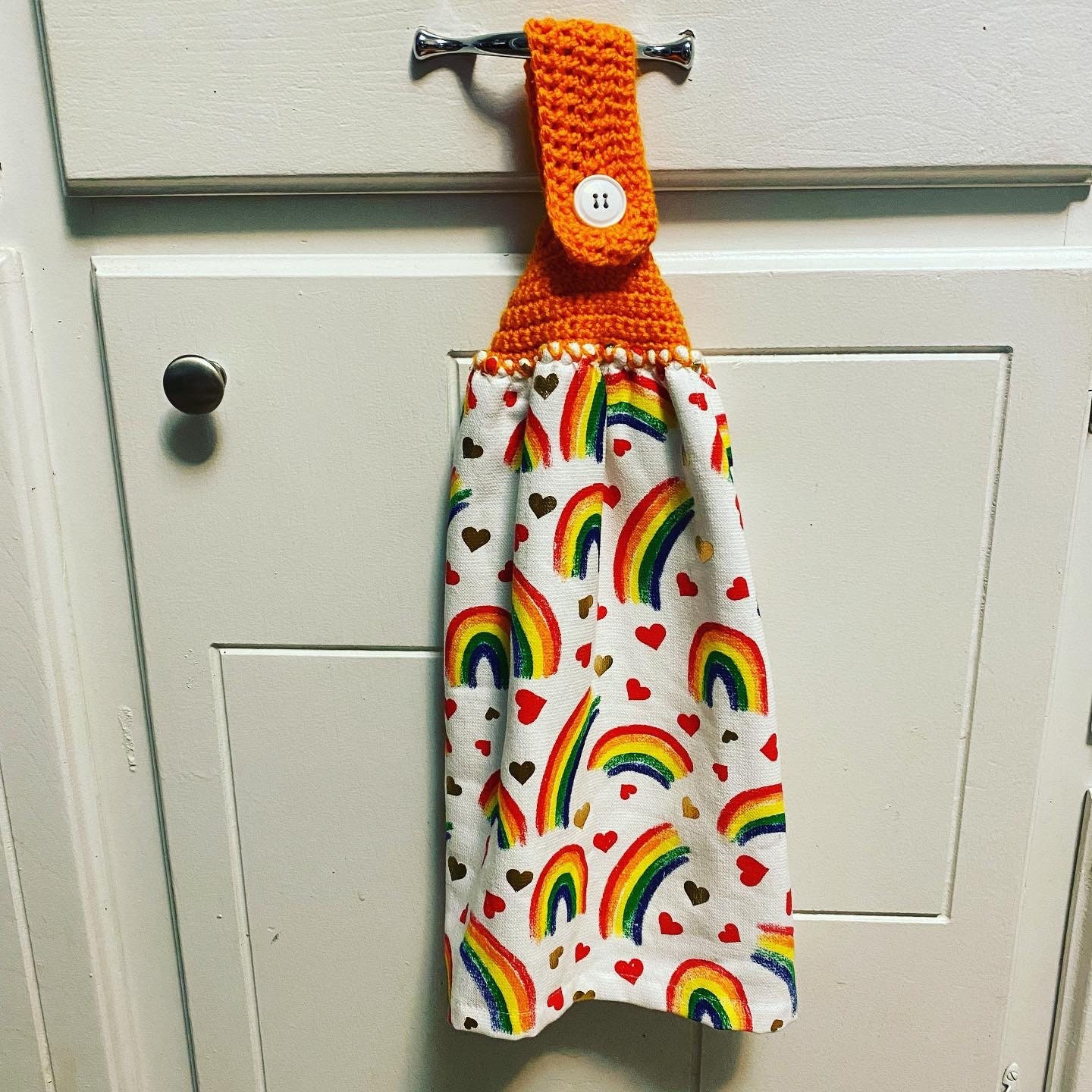 Rainbow towel with orange crocheted towel topper Etsy