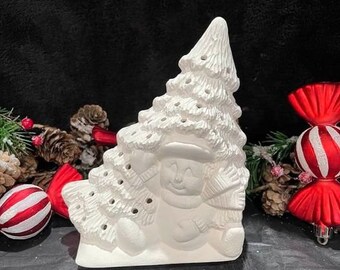 Ready to Paint Ceramic Snowman with Tree Truck Topper Insert 6.5" tall