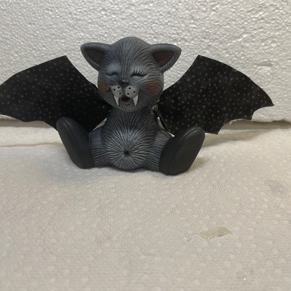 Hand Painted Ceramic Halloween Bat.4" Tall..Wings are made from stiffened material.