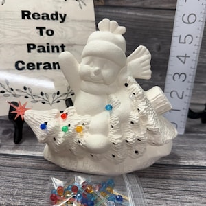 Ready to Paint Ceramic "Bringing Home the Tree" Snowman with lights and star 8"WX7"T