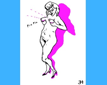 May include: A black and white line drawing of a person with a pink shadow behind them. The person is nude and has their arms raised. The text "Piu Piu" is written in black on the left side of the image. The number "34" is written in black in the bottom right corner of the image.