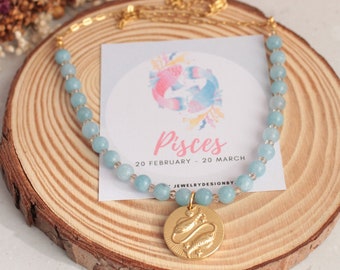 Pisces Golden Silver Coin with Birthstone Necklace • Pisces Birthstone • Zodiac Necklace • March Birthstone • Pisces Medallion