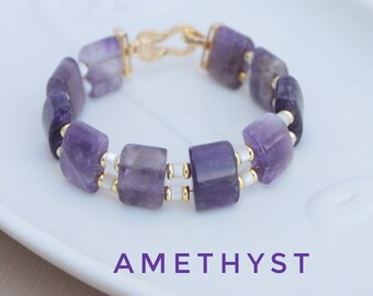 Amethyst Bracelet, Large Purple Amethyst, Gold Amethyst Bracelet, Protection Stone, Birthstone Aquarius, Pisces, Virgo and Capricorn