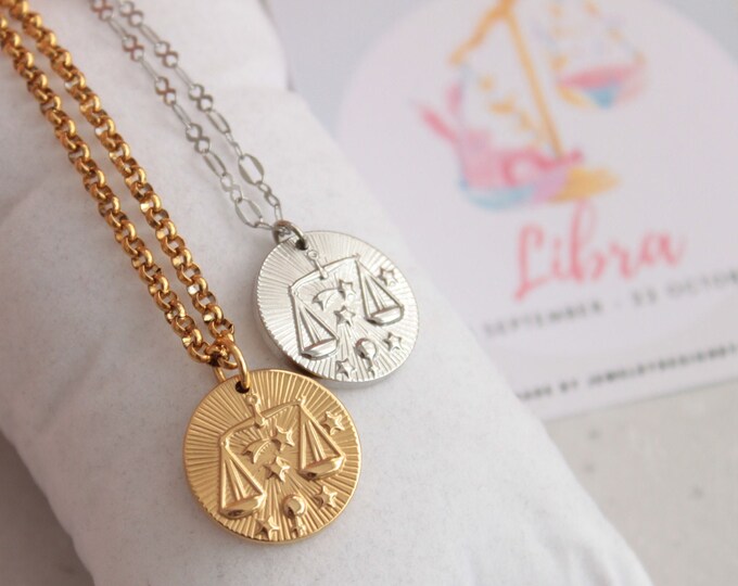 Libra Zodiac Silver Gold Coin Necklace | Libra Birthday Gift Present | Gold Silver Libra Pendant | Libra Sign Gift for Daughter