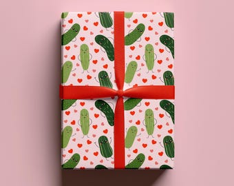 Pickle Wrapping Paper | Quirky Gift Wrap | Birthday or Anniversary Gift Wrap | Pickle Lover Gift | Heart Wrapping Paper