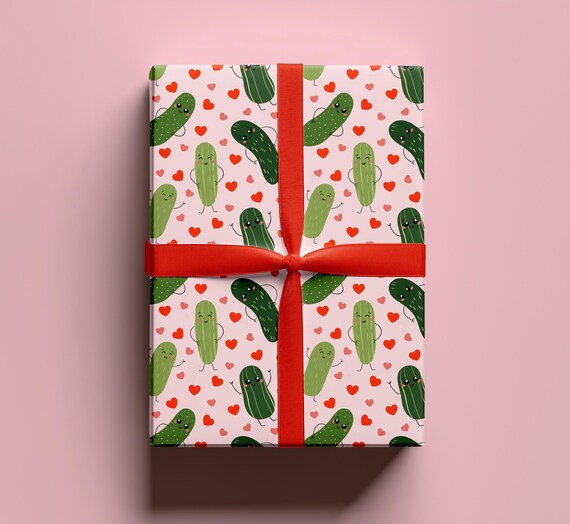 Pickle Wrapping Paper | Quirky Gift Wrap | Birthday or Anniversary Gift Wrap | Pickle Lover Gift | Heart Wrapping Paper