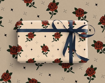 Traditional Roses Tattoo Wrapping Paper | Quirky Gift Wrap | Vintage Flash Tattoo | Birthday Wrapping Paper | Halloween Wrapping Paper