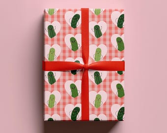 Pickle Gingham Wrapping Paper | Quirky Gift Wrap | Birthday or Anniversary Gift Wrap | Pickle Lover Gift | Heart Wrapping Paper