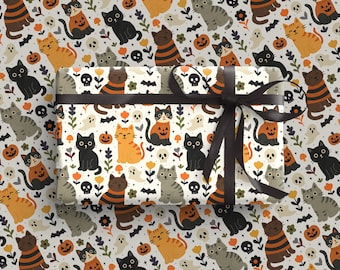 Black Cat Wrapping Paper | Quirky Gift Wrap | Halloween Spooky Wrapping Paper | Autumn October Birthday Gift | Cute Pumpkin | Cat Lover Gift