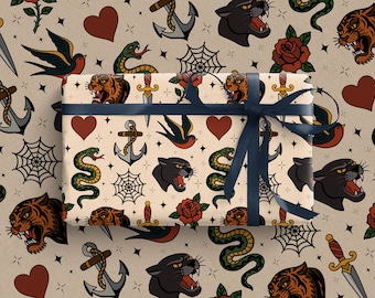 Traditional Tattoo Wrapping Paper | Quirky Gift Wrap | Vintage Flash Tattoo | Birthday Wrapping Paper | Halloween Wrapping Paper
