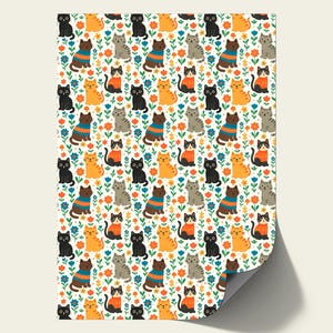 May include: A patterned fabric featuring a repeating design of cartoon cats in various colors, including black, orange, gray, and brown. The cats are interspersed with colorful flowers and green foliage on a white background. Some cats wear sweaters.