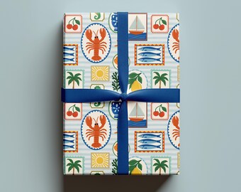 Mediterranean Wrapping Paper | Quirky Gift Wrap | Nautical Gift Wrap | Lobster & Sardines | Coastal Themed Gift Wrap | Amalfi Coast Themed