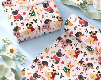 May include: Wrapping paper featuring a repeating pattern of various dog breeds including pugs, dachshunds, and corgis wearing sweaters and scarves, interspersed with small red ornaments, candy canes, stars, and yellow dog bones.