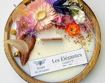 Bougie Fleurs Séchées et Or - Bol en Bois Artisanal - Cire de Soja Naturelle - Décoration Bohème