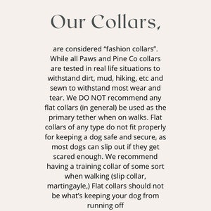May include: Text explaining the difference between "fashion collars" and training collars for dogs. The text states that "fashion collars" are not recommended for walking dogs because they can slip out of them. The text recommends using a training collar, such as a slip collar or martingale collar, for walking dogs.