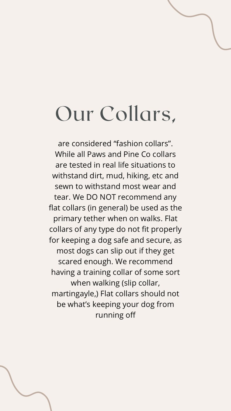 May include: Text explaining the difference between "fashion collars" and training collars for dogs. The text states that "fashion collars" are not recommended for walking dogs because they can slip out of them. The text recommends using a training collar, such as a slip collar or martingale collar, for walking dogs.