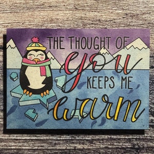The thought of you keeps me warm postcard - cute penguin wholesome friendship greetinga BMC14