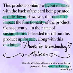 May include: A handwritten note on a purple background with green highlights. The note explains that the product has a layout mistake, but it does not affect the functionality. The note is signed "Melissa".