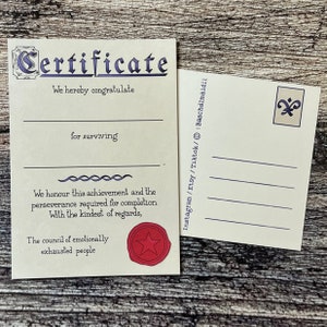 Certificat de survie Carte postale - santé mentale épuisée félicitations soutien émotionnel BMC10