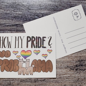 Montrer ma fierté ? No Probllama Postcard - jeux de mots queer illustration arc-en-ciel BMC23