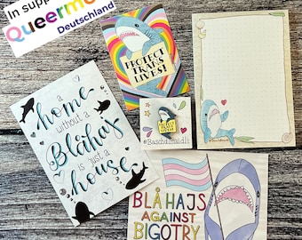 Colección de tiburones de peluche Blåhaj: pegatinas, postales, pins esmaltados, bloc de notas, botón, orgullo trans, BMSet7