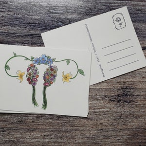 May include: A postcard featuring a drawing of a uterus with flowers inside. The postcard has a blank space for writing a message and an address on the back.