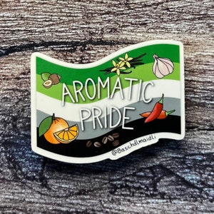 Aromatische trots vlag woordspeling sticker • aromantische woordspeling koffie knoflook vanille chili oranje hazelnoot papa grap BMDCS20