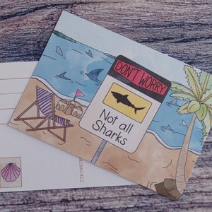 Cartão Postal Nem Todos os Tubarões - ilustração feminista de palmeira de praia tropical BMC24