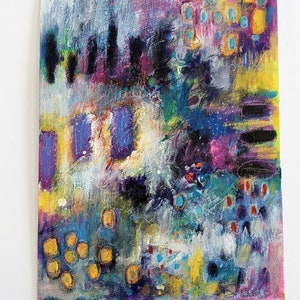 May include: Abstract painting with a mix of purple, blue, yellow, and black paint. The painting has a textured surface and a variety of shapes and patterns.