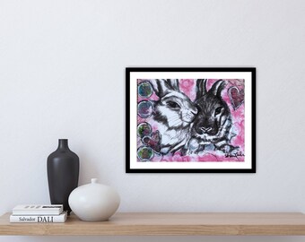Impresión abstracta original de conejitos de amor de 8 x 10 pulgadas