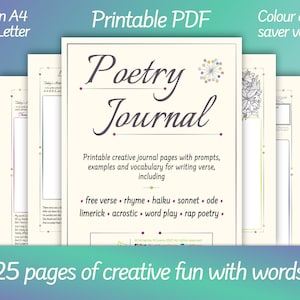 POETRY Journal, Printable Creative Worksheets, Poems, Verse Prompts, Activities, Workbook, Instant Digital Download PDF