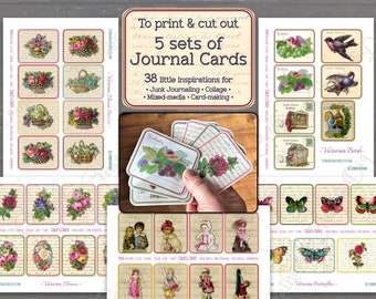 Journal Cards - Printable Victorian Scraps, Vintage Ephemera Kit for Junk Journaling, Collage, Paper. Flowers, Birds: Digital Download