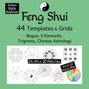 Könnte beinhalten: Ein digitaler Download-Satz mit 44 Feng-Shui-Vorlagen und Rastern, einschließlich Bagua, 5 Elementen, Trigrammen und chinesischen Astrologie-Diagrammen. Die Sammlung enthält 24 JPG- und 10 PNG-Dateien sowie 10 Bonusdateien als schwarze Strichzeichnungen.