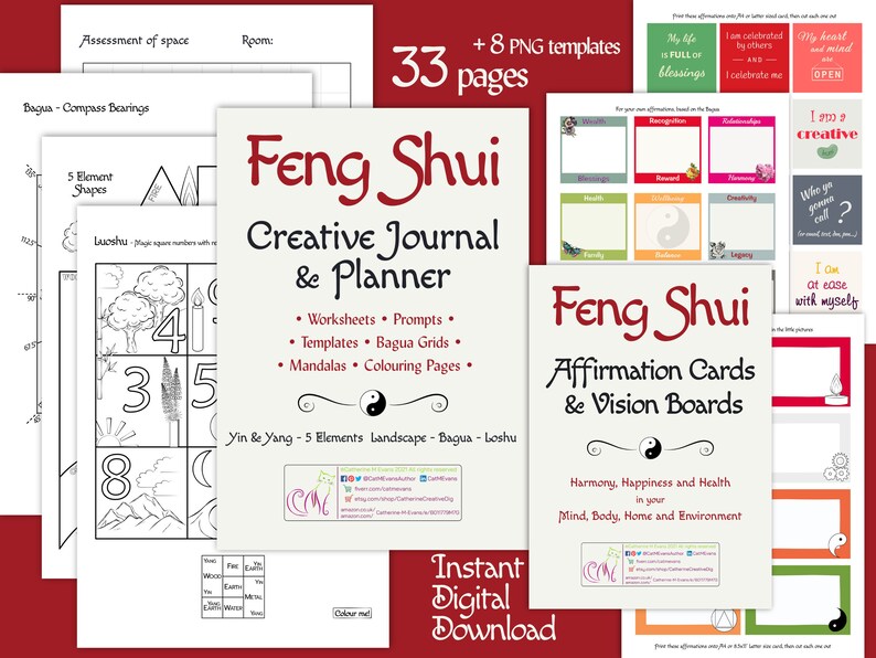 FENG SHUI Printables: 33 Journal Sheets, Colouring-in Pages, Mandalas, Affirmation Cards, Vision ...