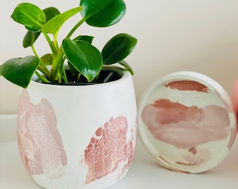 Cache Pot Boho Bohemian | 11 CM Pink White Concrete | Crackled texture | Draining saucer