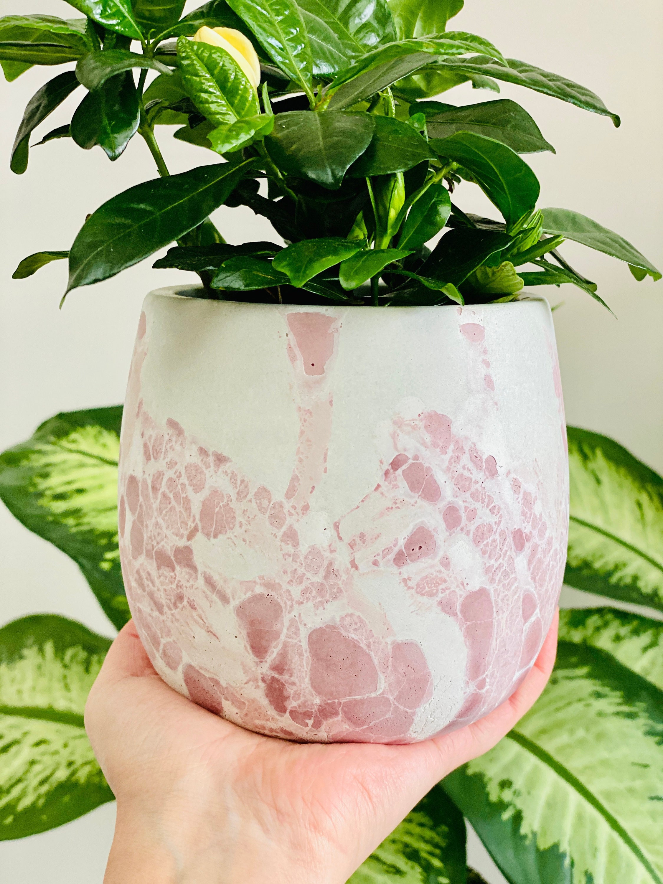 Cache Pot Boho Bohémien | 11 cm Rose Blanc Motif Craquelé Sous Pot Drainage