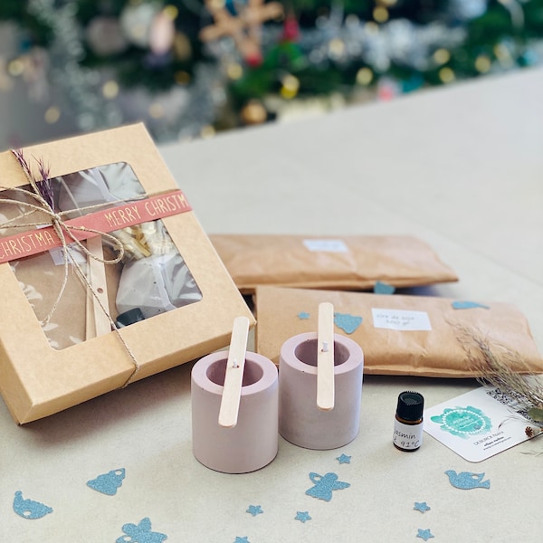 Kit Bougie DIY Parfumées, Cire de Soja, 2 bougeoirs en béton rose inclus