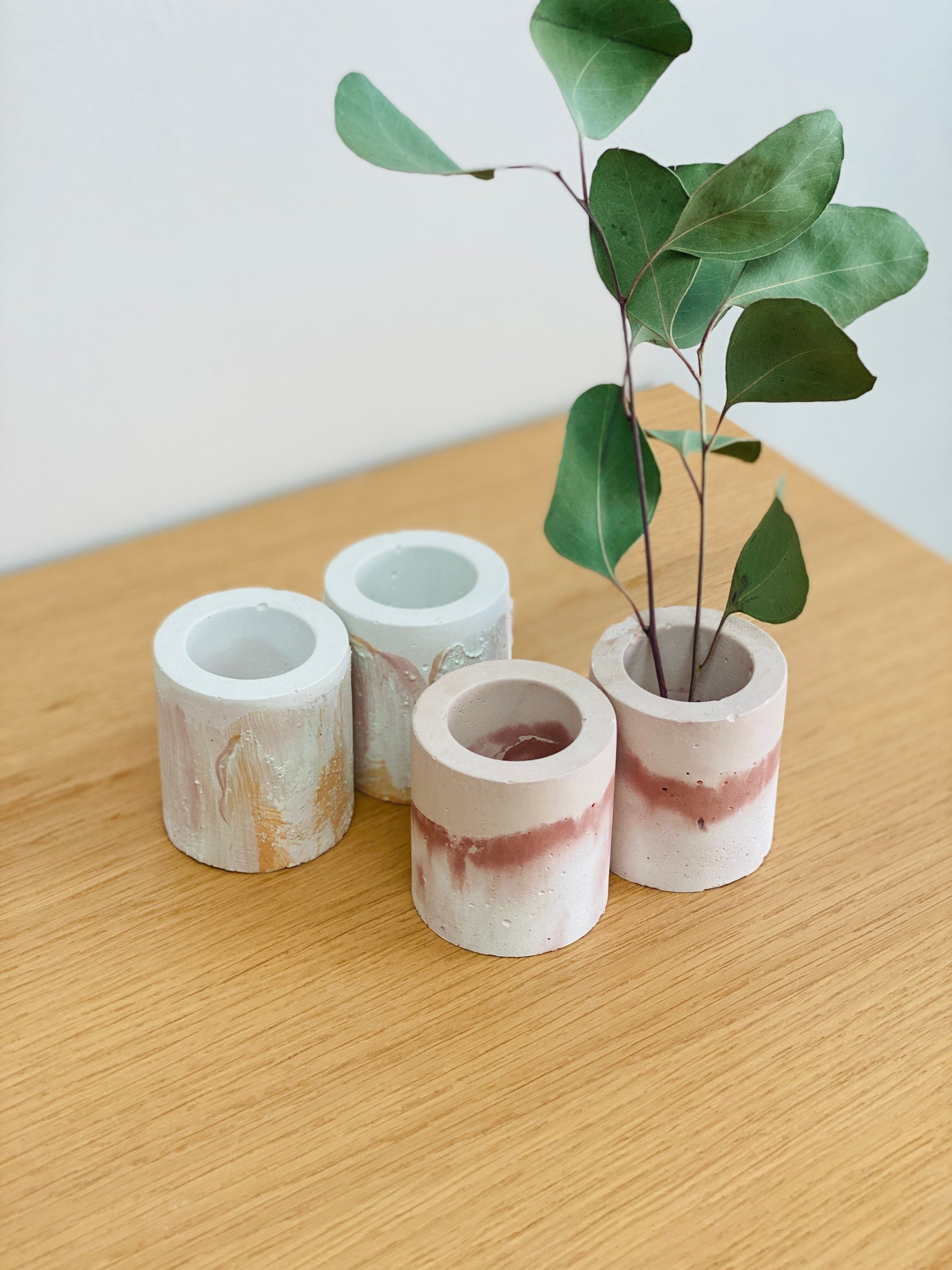 2 Bougeoirs Abstrait en Béton | Mini Vases Boho Blanc Magenta Décoration Intérieur Bibelots