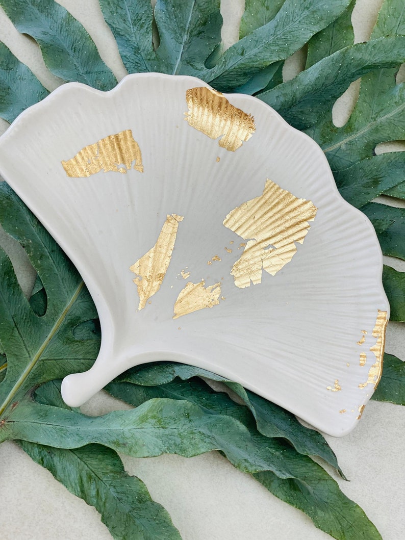 Gingko Biloba Gold Leaf Jesmonite Boho Tray Bohemian Chic Golden Home Decor Object image 4