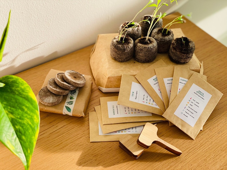 Puede incluir: Un conjunto de paquetes de semillas para una variedad de hierbas y verduras, junto con pastillas de turba y marcadores de plantas de madera. Los paquetes son marrones con texto blanco e ilustraciones. Las pastillas de turba est&aacute;n apiladas en un envoltorio de papel marr&oacute;n. Los marcadores de plantas son de madera y tienen un acabado natural.